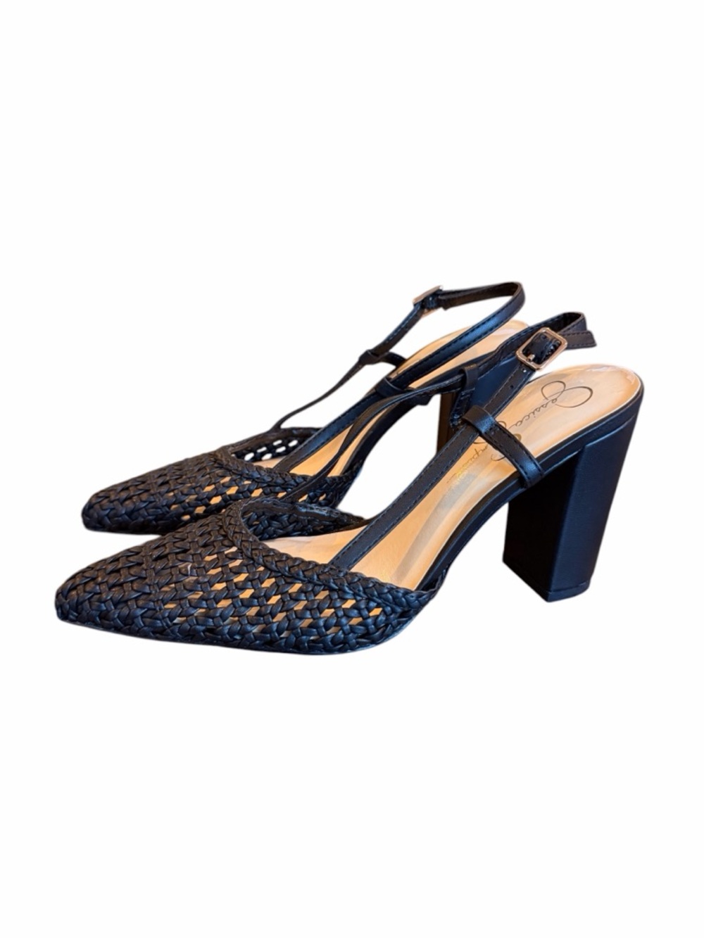 Jessica Simpson Black Woven Pointed-Toe Slingback Heels